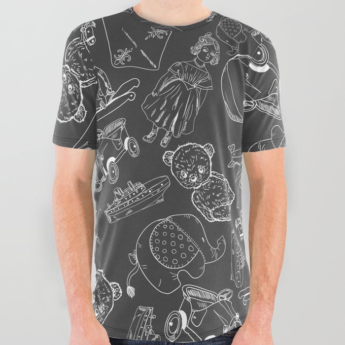 Dark Grey and White Toys Outline Pattern All Over Graphic Tee