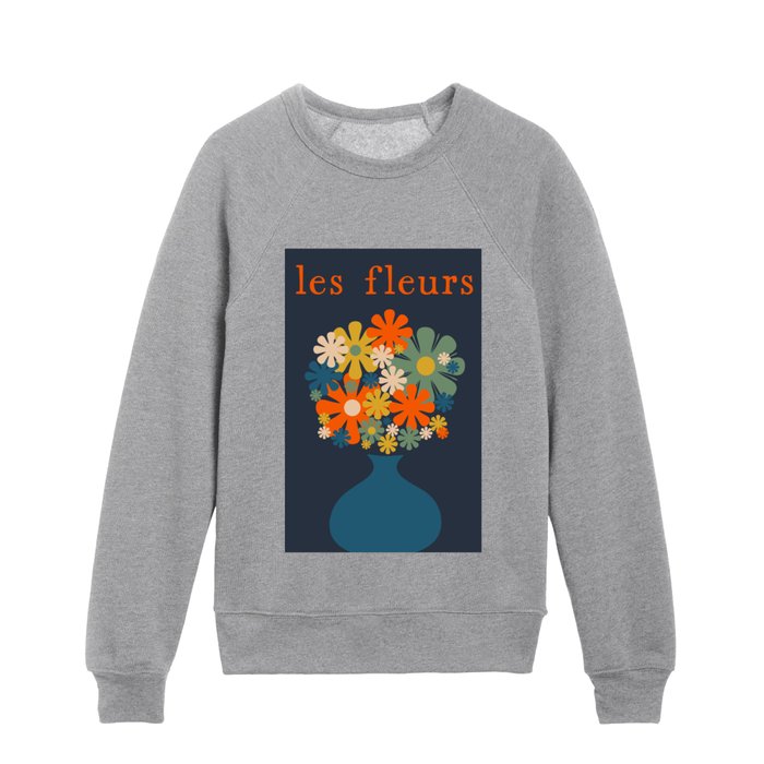 Les Fleurs Cheerful Retro Flowers in Vase Blue and Orange Kids Crewneck