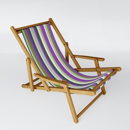 [ Thumbnail: Colorful Light Yellow, Dark Slate Gray, Dark Orchid, Green, and Grey Colored Striped Pattern Sling Chair ]