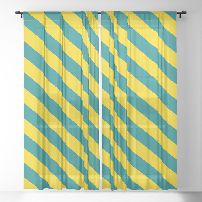 Teal and Yellow Colored Lined/Striped Pattern Sheer Curtain
