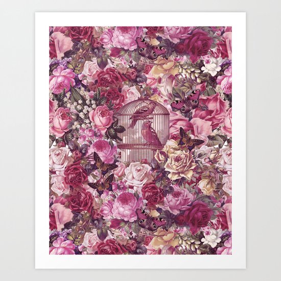 Vintage Bird Cage Flower Pattern Retro Illustration Art Print