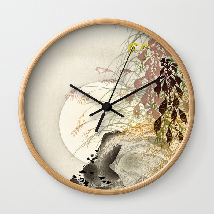 Full Moon Behind Grass - Japanese Vintage Woodblock Print Wall Clock