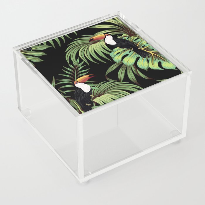 Tropical vintage toucan, palm leaves floral seamless pattern black background. Exotic jungle wallpaper.  Acrylic Box