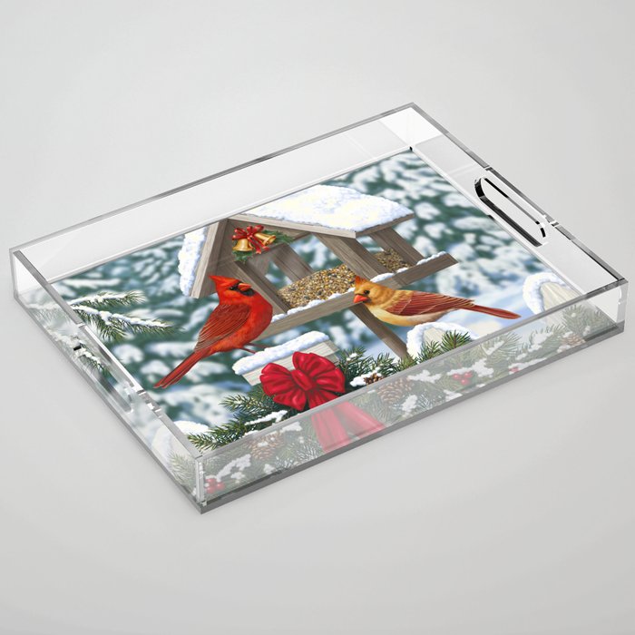 Red Cardinals and Christmas Bird Feeder Acrylic Tray