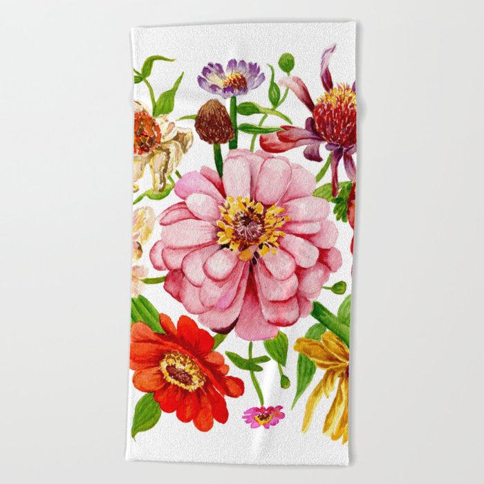 Zinnia Wildflower Floral Painting Beach Towel