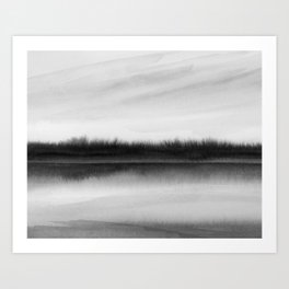 River Reflection I - Black and White Riverscape Tree Reflection Watercolor Painting Art Print
