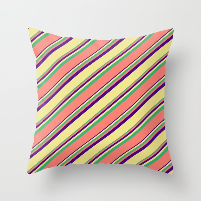 Indigo, Tan, Sea Green, and Salmon Colored Stripes Pattern Throw Pillow