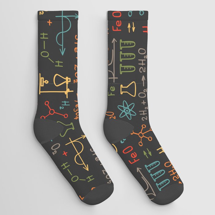 Hand draw chemistry on black background. Vintage seamless pattern.  Socks