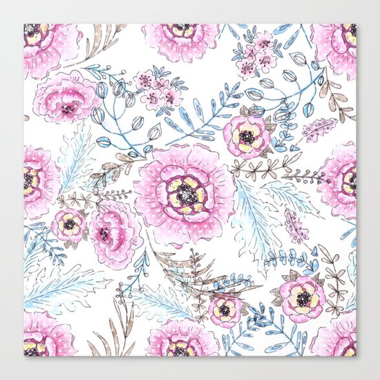 Watercolor . Pink flowers . Canvas Print