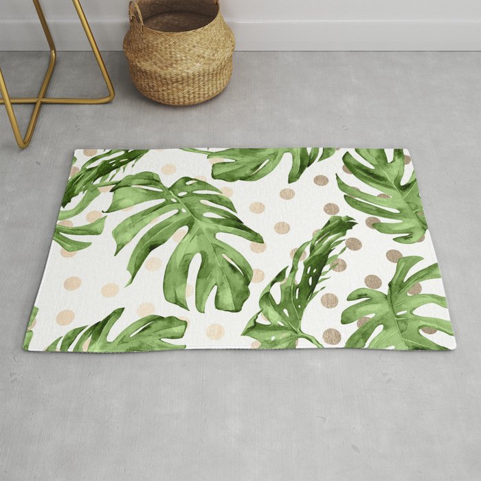 Simply Tropical White Gold Sands Dots and Palm Leaves Rug