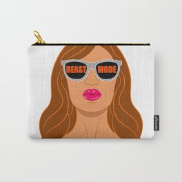 Pop art poster of a Beautiful Woman with Pouty Lips and Goggles having light bulb text saying BEAST MODE Carry-All Pouch | Young, Beast, Psychedelic, Sexy, Face, Hairstyle, Pop, Glamour, Colorful, Modern 
