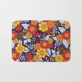 Red, Yellow, Orange & Navy Blue Flowers/Floral Pattern Bath Mat | Colorful, Dark, Somecallmebeth, Botanical, Flowers, Graphicdesign, Plants, Red, Rich, Yellow 