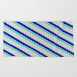 [ Thumbnail: Dim Grey, Blue, Aquamarine & Light Grey Colored Lined/Striped Pattern Beach Towel ]
