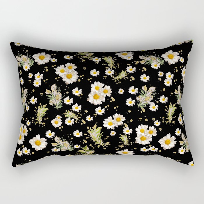 White Daisies Floral Field Pattern Seamless Cottagecore Midnight Black Background Rectangular Pillow