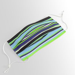 [ Thumbnail: Colorful Light Sky Blue, Chartreuse, Midnight Blue, White & Black Colored Striped/Lined Pattern Face Mask ]