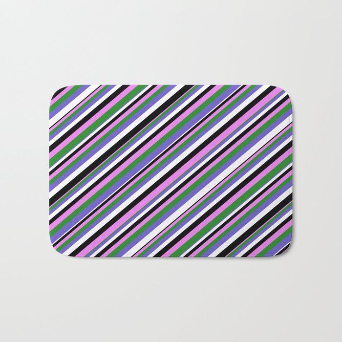 Violet, Forest Green, Slate Blue, White & Black Colored Pattern of Stripes Bath Mat