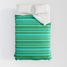 [ Thumbnail: Forest Green & Cyan Colored Striped Pattern Comforter ]
