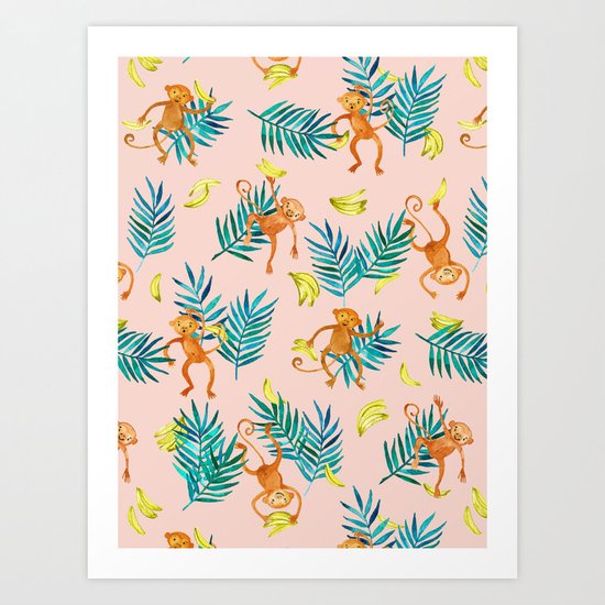 Tropical Monkey Banana Bonanza on Blush Pink Art Print