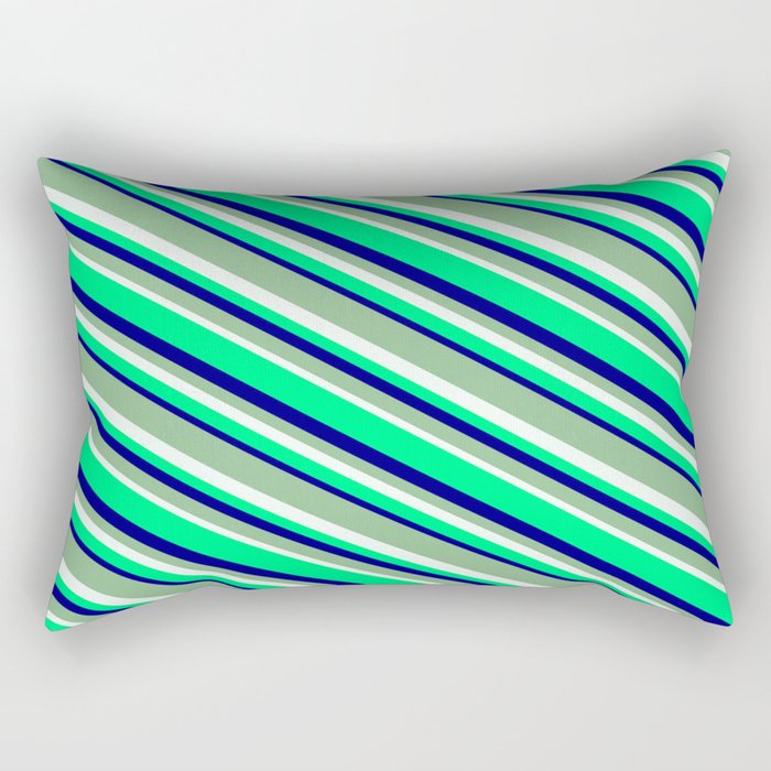 Dark Sea Green, Mint Cream, Green, and Blue Colored Striped Pattern Rectangular Pillow