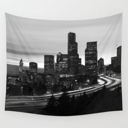 Seattle Skyline Sunset City - Black and White Wall Tapestry