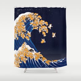 Shiba Inu The Great Wave in Night Shower Curtain