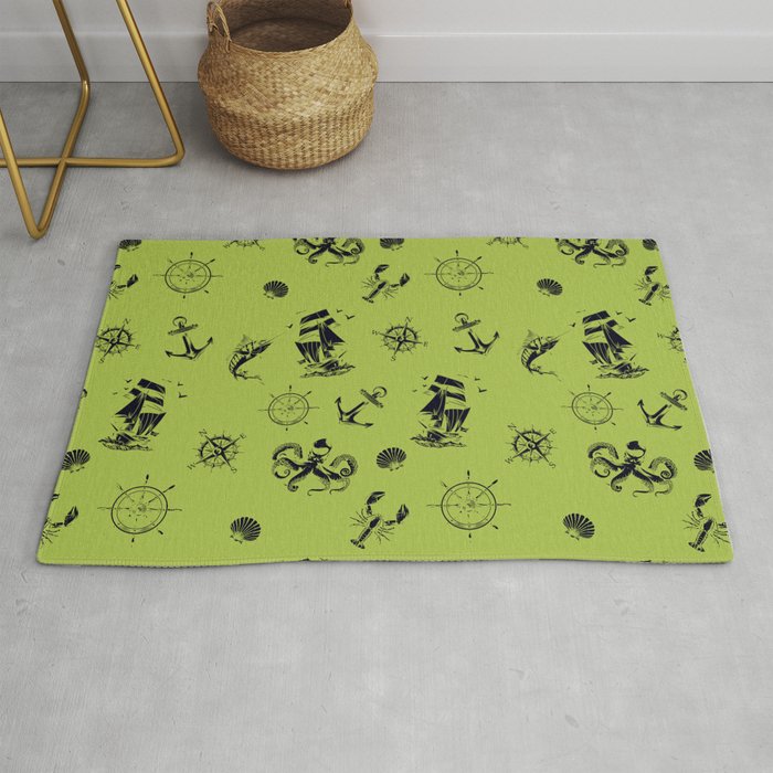 Light Green And Blue Silhouettes Of Vintage Nautical Pattern Rug