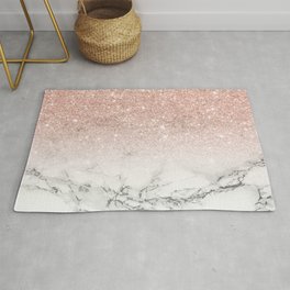 Modern faux rose gold pink glitter ombre white marble Rug