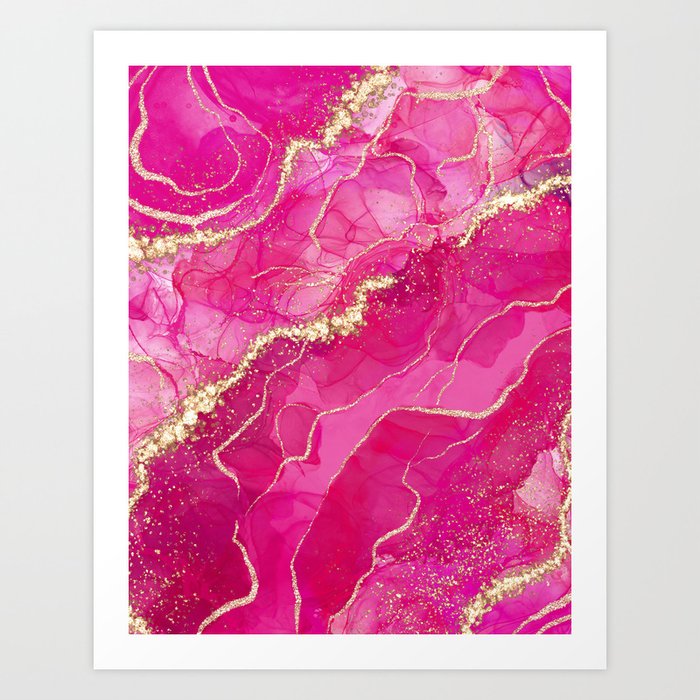 Pink Glamour Marble With Gold Glitter Texture  Art Print