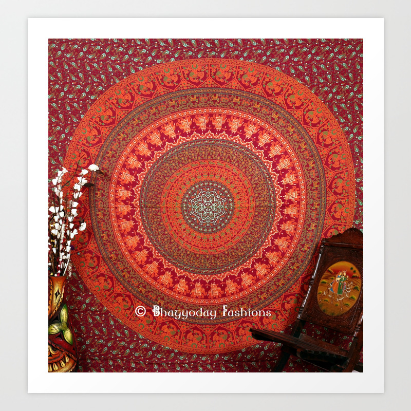 Psychedelic Mandala Sahi Elephant Wall Hanging Tapestry In Maroon