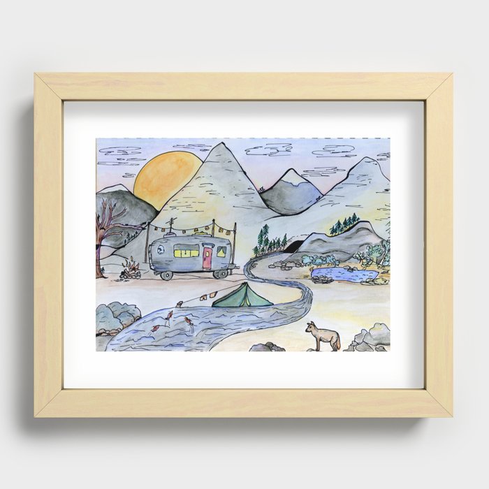 Vintage camping van in the mountains under a full moon- Illustration Recessed Framed Print