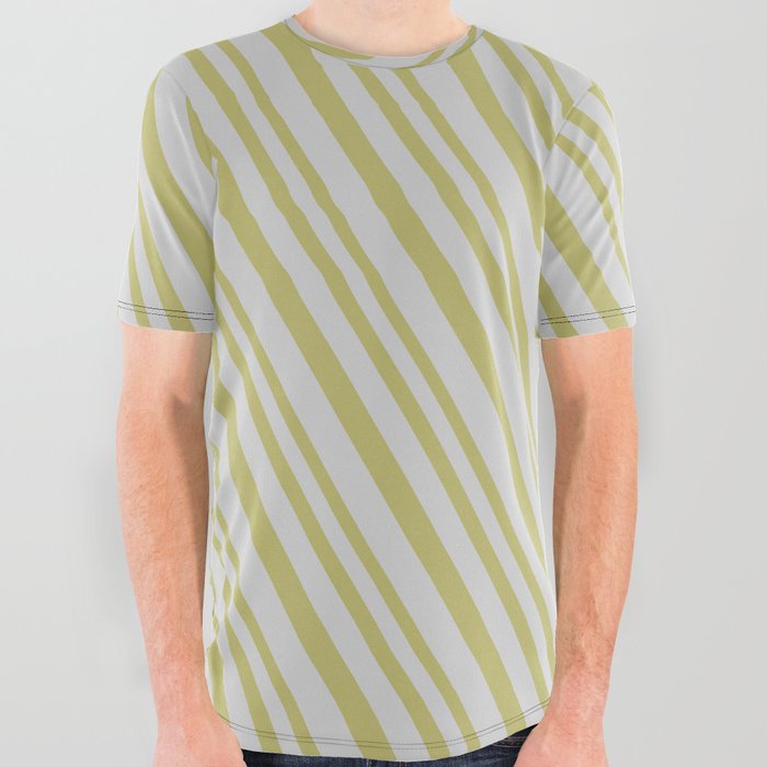 Dark Khaki and Light Grey Colored Lines Pattern All Over Graphic Tee