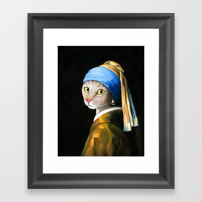 Cat with a pearl earring Framed Art Print