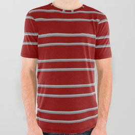 [ Thumbnail: Dark Red, Dark Grey, and Grey Colored Lined Pattern All Over Graphic Tee ]