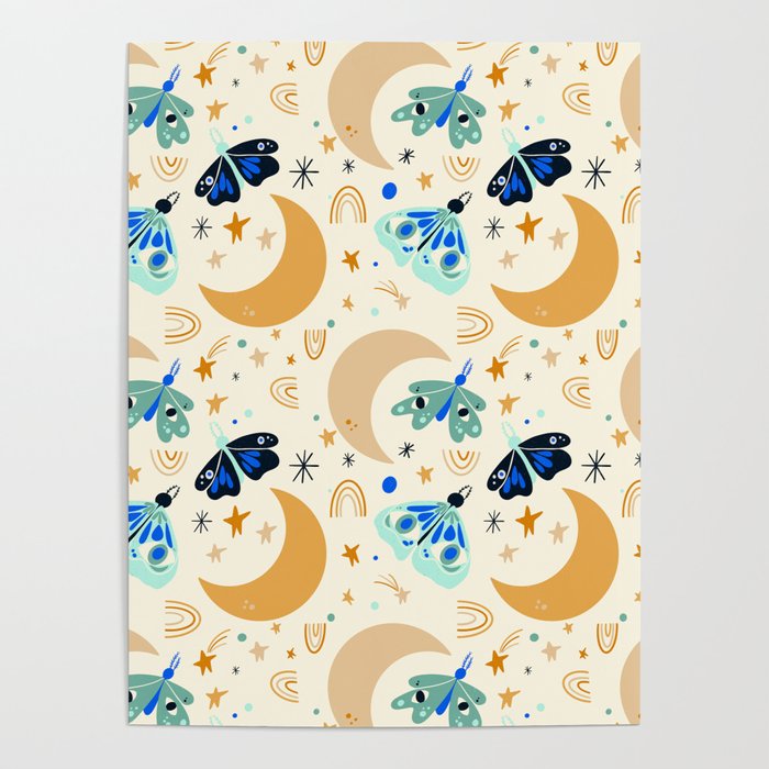 Moths and Moons - Yellow & Teal Poster