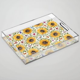 Watercolor Sunflowers and Butterflies | Golden Summer Floral Acrylic Tray