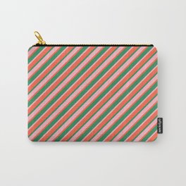 [ Thumbnail: Sea Green, Light Pink, and Red Colored Lined/Striped Pattern Carry-All Pouch ]