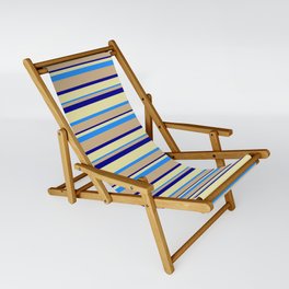 [ Thumbnail: Tan, Dark Blue, Pale Goldenrod & Blue Colored Lined Pattern Sling Chair ]