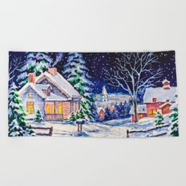 Snowy winter landscape. Country House. Christmas holidays. Forest with pine trees. Watercolor painting.  Beach Towel