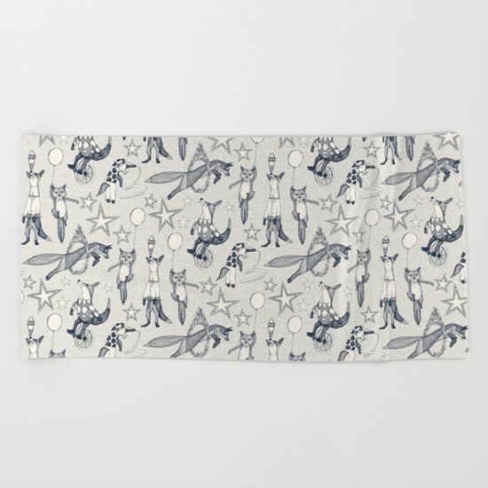 foxy circus indigo ivory Beach Towel