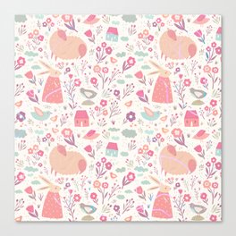 Abstract Girly Pink Coral Hand Painted Easter Rabbit Floral Canvas Print