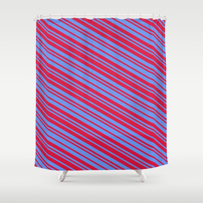Crimson and Cornflower Blue Colored Lines Pattern Shower Curtain