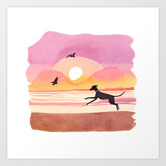 Dog Enjoying the Beach at Sunset, Art | Whippet, Sighthound, Greyhound, Colourful Painting Art Print