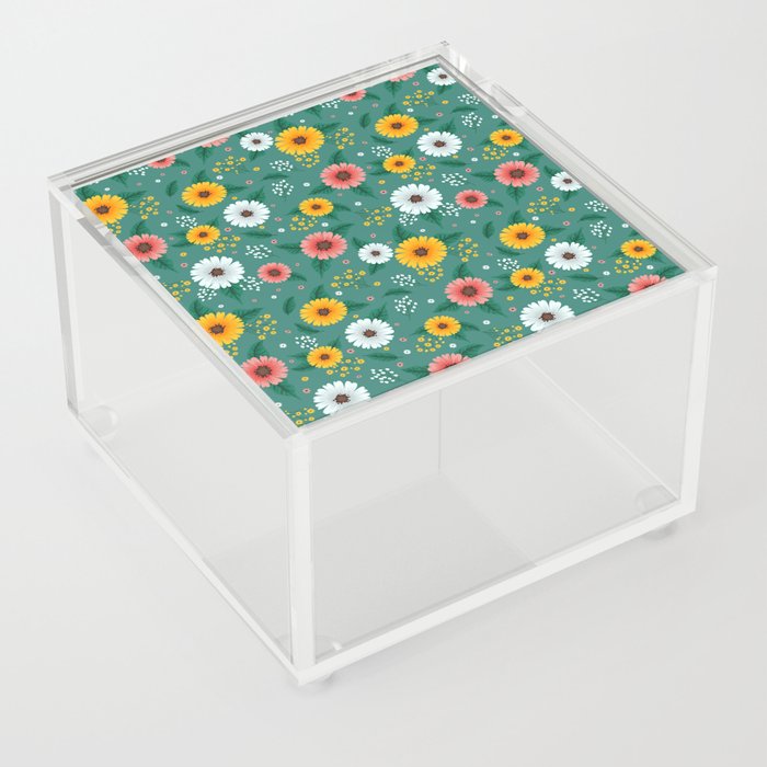 Colorful Spring Flowers Pattern in Green Blue Background Acrylic Box