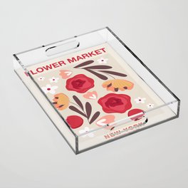 Flower Market New York, Orange and Red Retro Floral Design Acrylic Tray