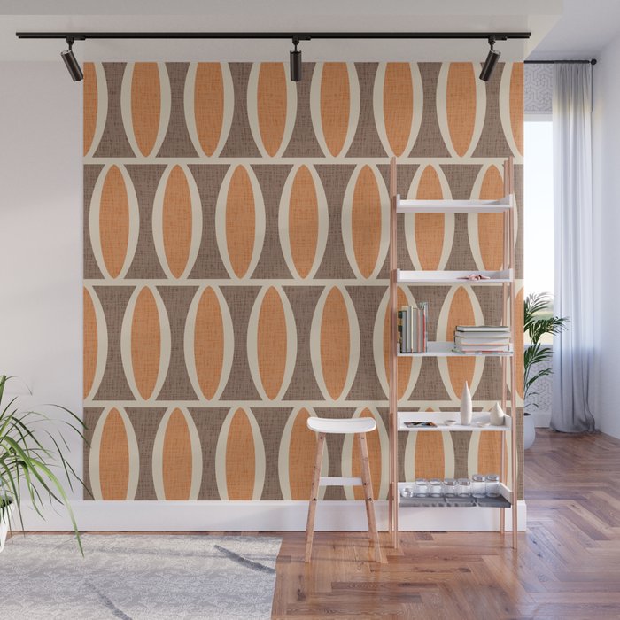 Retro Mid Century Modern Geometric Oval Pattern 237 Orange and Brown and Beige Wall Mural