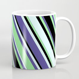 [ Thumbnail: Dark Slate Blue, Light Green, Black, and Light Cyan Colored Lined Pattern Coffee Mug ]