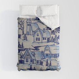 Vintage Blue Christmas Holiday Village Comforter