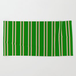 [ Thumbnail: Green, Coral & Lavender Colored Stripes/Lines Pattern Beach Towel ]