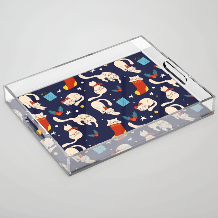 funny christmas pattern with cats Acrylic Tray