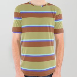 [ Thumbnail: Slate Blue, Sienna, Dark Khaki & Turquoise Colored Stripes Pattern All Over Graphic Tee ]